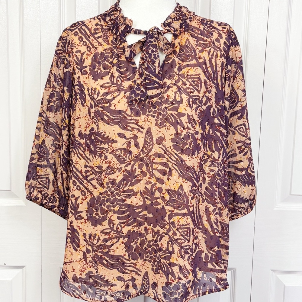 Joie Peach & Purple Floral Leaf Print Tie Front 3/4 Sleeve Blouse Large